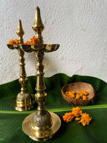 Brass lamps with marigold flowers on a green leaf against a white wall