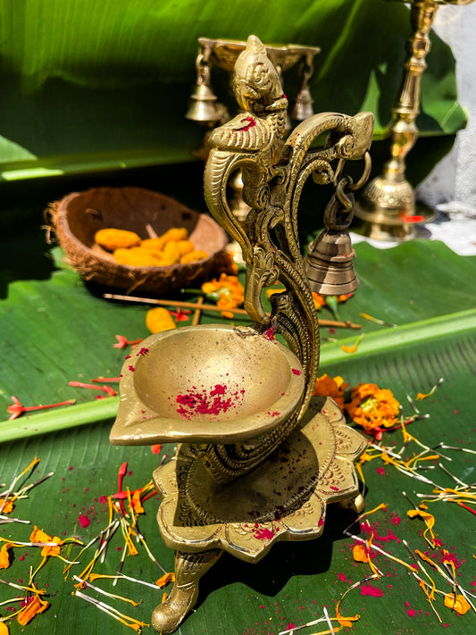 Kili Bell Deepam – Handcrafted Brass Parrot Oil Lamp with Ritual Bell