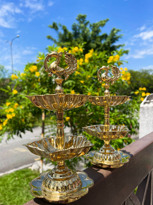 Mayil Brass Oil Lamp (2-Tier Ornate Kuthu Vilakku)